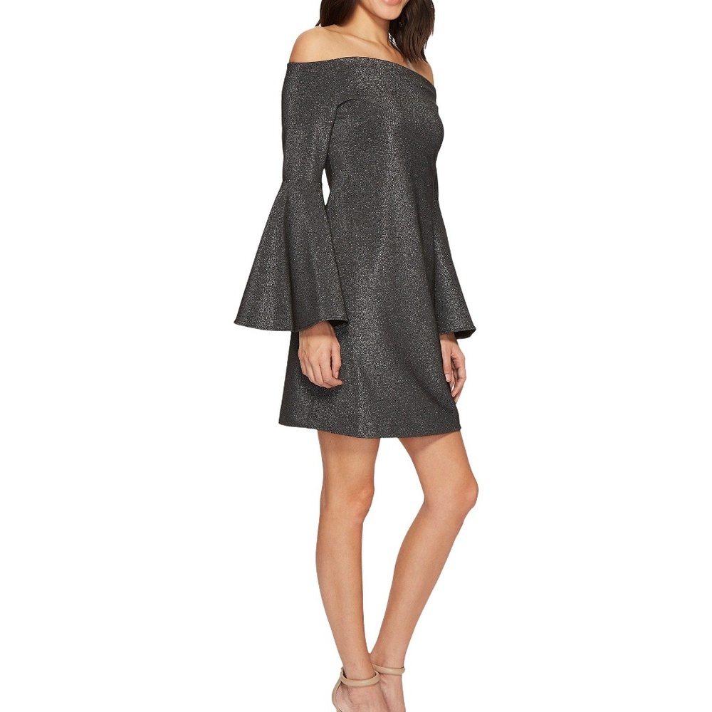 NWT Metallic Silver Off Shoulder Bell Sleeve Dress - Picture 2 of 8